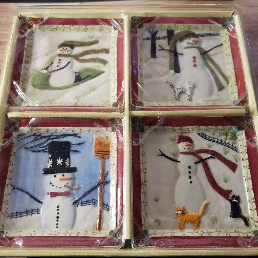 MWW Market Cindy Shamp Snowman 3D Trinket Dishes Set of 4 Hand Painted